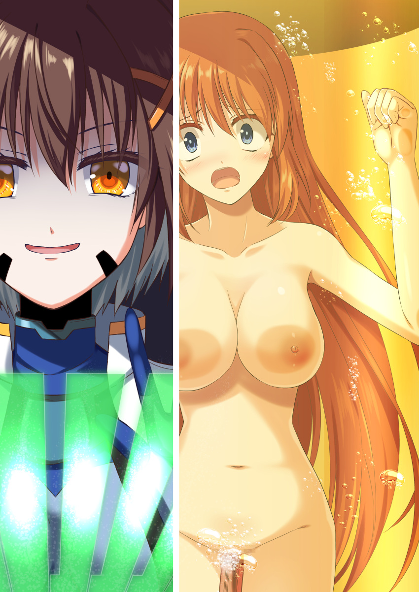 2girls absurdres against_glass blue_eyes blush breast_press breasts breasts_on_glass brown_hair endori hair_ornament highres large_breasts long_hair looking_at_viewer lyrical_nanoha mahou_shoujo_lyrical_nanoha_strikers multiple_girls navel nipples nude numbers'_uniform open_mouth short_hair smile stasis_tank takamachi_nanoha x_hair_ornament yagami_hayate yellow_eyes
