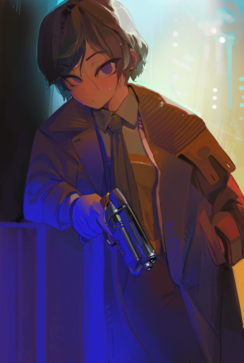 1girl absurdres blade_runner brown_coat brown_hair brown_necktie brown_shirt coat genderswap genderswap_(mtf) gun handgun highres looking_at_viewer necktie open_clothes open_coat polilla rick_deckard science_fiction shirt solo weapon