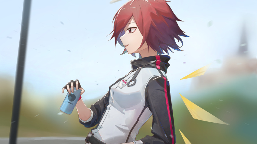 1girl arknights black_gloves black_jacket blurry blurry_background brown_eyes can chinese_commentary commentary_request detached_wings drink drink_can e_hun_touzi exusiai_(arknights) fingerless_gloves from_side gloves highres holding holding_drink jacket lanyard looking_ahead open_mouth profile red_hair short_hair sleeves_pushed_up solo upper_body vest white_vest wings