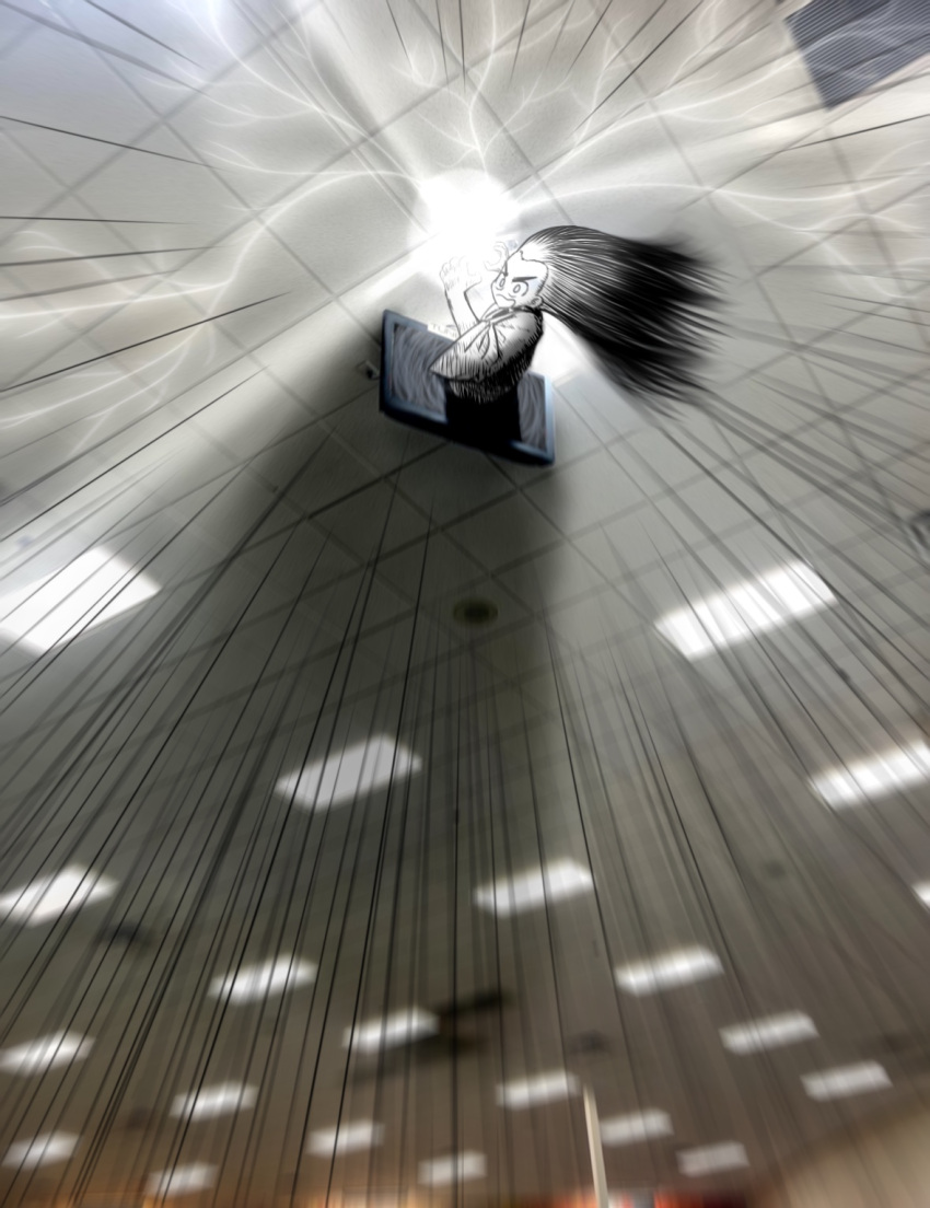 black_hair ceiling ceiling_light commentary dragon_ball electricity fluorescent_lamp from_below highres indoors kamehameha_(dragon_ball) lemonator long_hair meme photo_background powering_up robe sadako_ceiling_tv_redraws_(meme) speed_lines television the_ring through_medium through_screen tile_ceiling tiles white_robe yamamura_sadako