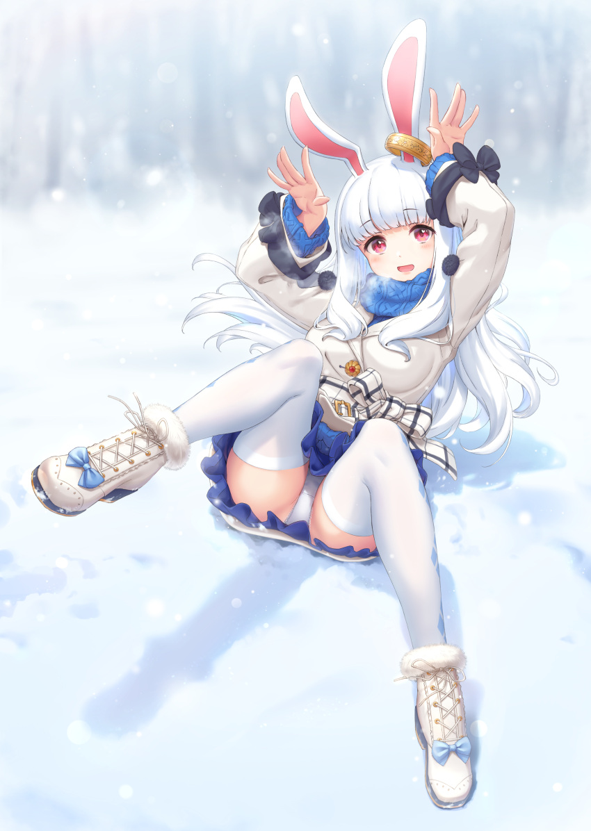 1girl absurdres animal_ears blush boots bow breath coat cross-laced_footwear footwear_bow fur-trimmed_boots fur_trim hands_up highres kamome_yuu long_hair long_sleeves looking_at_viewer m_legs open_mouth original outdoors panties pink_hair rabbit_ears rabbit_girl rabbit_pose scarf skirt smile snow snowing solo thighhighs underwear very_long_hair white_hair winter
