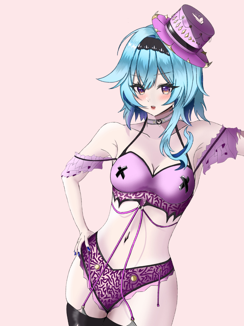 1girl absurdres alternate_costume bare_shoulders black_hairband black_thighhighs blue_hair blush breasts cleavage commentary cowboy_shot crop_top eula_(genshin_impact) genshin_impact grey_choker hairband highres long_hair looking_at_viewer midriff momoz2p navel off-shoulder_shirt off_shoulder open_mouth panties pink_background pink_headwear purple_eyes purple_panties purple_shirt shirt short_sleeves simple_background small_breasts solo standing stomach thighhighs underwear