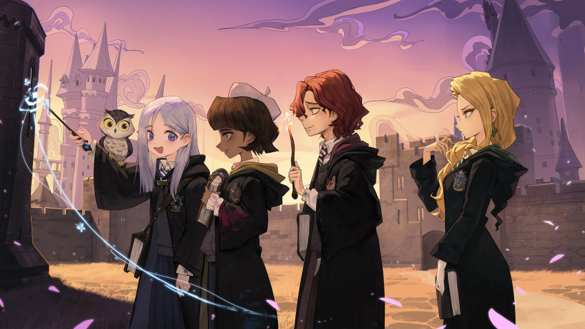 1boy 3girls absurdres animal bird black_robe blonde_hair blue_eyes book brown_hair cassandra_vole closed_mouth commentary_request daniel_page dark-skinned_female dark_skin earrings from_side green_eyes gryffindor harry_potter:_magic_awakened harry_potter_(series) hat highres hogwarts_school_uniform holding holding_book holding_wand hood hood_down hooded_robe hufflepuff ivy_warrington jewelry long_hair long_sleeves lottie_turner magic mole mole_under_eye multiple_girls open_mouth owl pink_headwear profile ravenclaw robe romana school_uniform short_hair slytherin smile uniform wand white_hair wide_sleeves wizarding_world