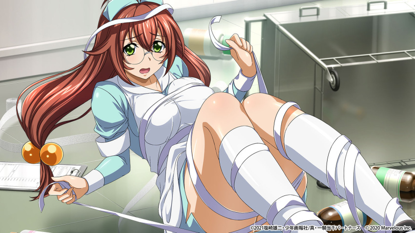 1girl alternate_costume blue_shirt blue_skirt brown_hair floating_hair glasses green_eyes hair_bobbles hair_ornament hat highres holding ikkitousen indoors long_hair long_sleeves miniskirt nurse nurse_cap official_art open_mouth ryuubi_gentoku shiny shiny_hair shirt sitting skirt socks solo twintails very_long_hair wavy_mouth white_socks