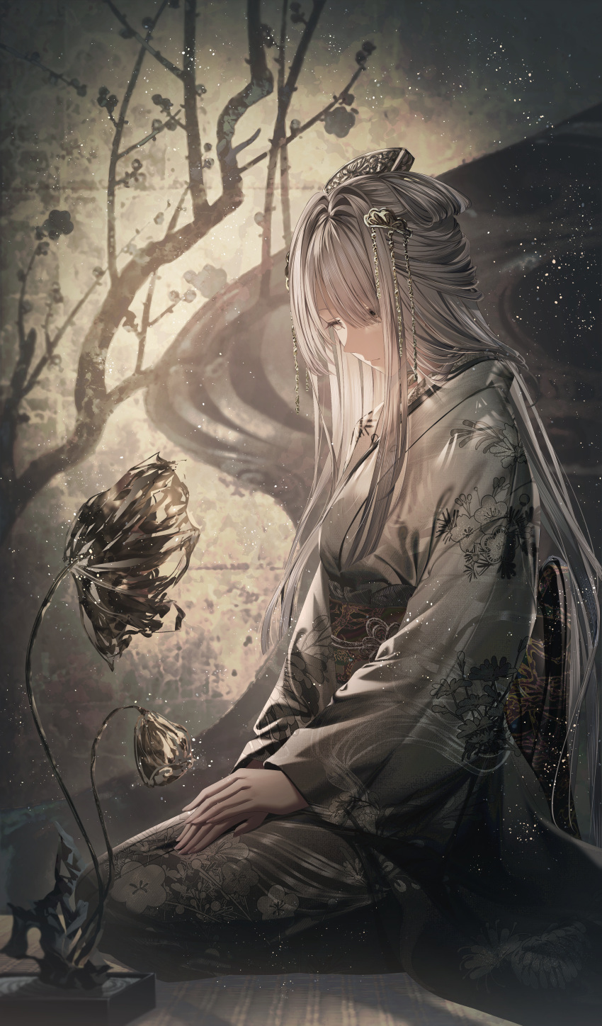 1girl absurdres brown_eyes commentary_request floral_print grey_hair grey_kimono hair_intakes hair_over_one_eye highres japanese_clothes junpaku_karen kimono long_hair long_sleeves obi original print_kimono sash seiza sitting solo very_long_hair wide_sleeves