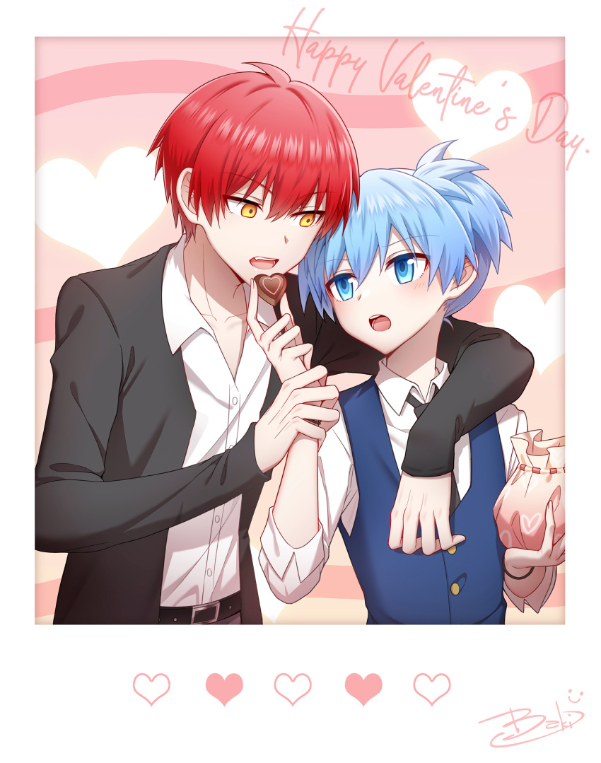 2boys absurdres akabane_karma ansatsu_kyoushitsu bag black_jacket blue_eyes blue_hair collarbone dress_shirt fang feeding hands_up happy_valentine heart highres holding holding_bag jacket kanoshu_baki male_focus multiple_boys open_clothes open_jacket open_mouth orange_eyes red_hair shiota_nagisa shirt short_hair smile teeth twintails upper_teeth_only white_shirt yaoi