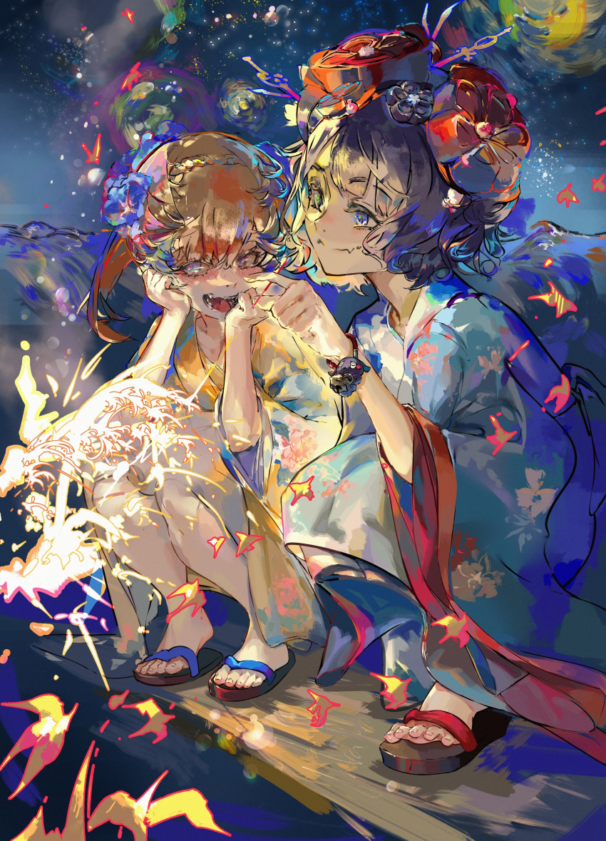 absurdres barefoot barefoot_sandals_(jewelry) black_hair bracelet fate/grand_order fate_(series) feet festival fireworks flower hair_flower hair_ornament highres japanese_clothes jewelry katsushika_hokusai_(fate) kimono moon night night_sky orange_hair pointing sandals sharp_teeth sky smile star_(sky) teeth toes van_gogh_(fate) yukata