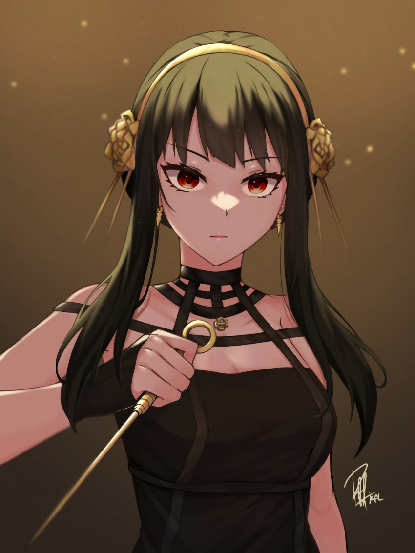 1girl bare_shoulders black_hair breasts cleavage dagger hairband highres holding holding_dagger holding_knife holding_weapon knife large_breasts long_hair looking_at_viewer neko_reina red_eyes sidelocks signature solo spy_x_family stiletto_(weapon) upper_body weapon yor_briar