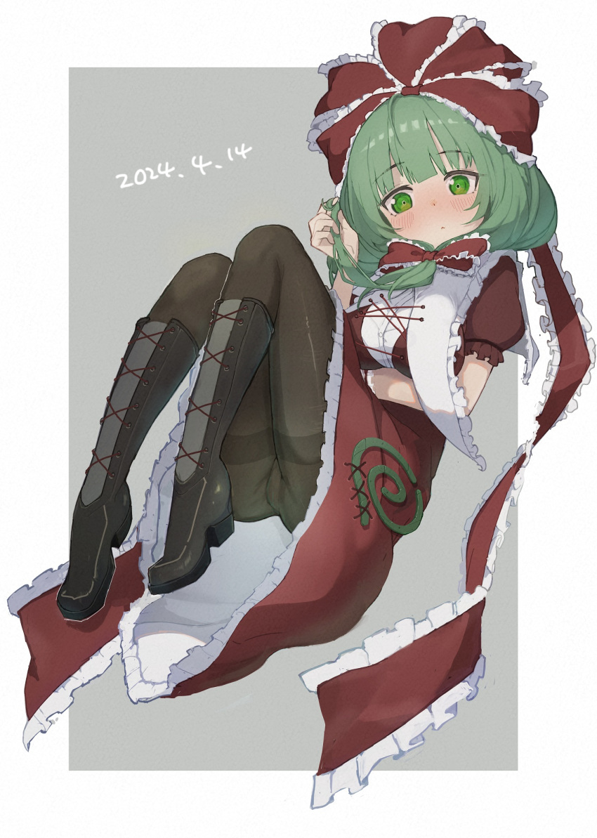 1girl black_footwear boots bouhuman bow commission cross-laced_footwear dated dress frilled_bow frilled_dress frilled_ribbon frills front_ponytail full_body green_eyes green_hair hair_bow hair_ribbon highres kagiyama_hina puffy_short_sleeves puffy_sleeves red_bow red_dress red_ribbon ribbon short_sleeves skeb_commission solo thighhighs touhou