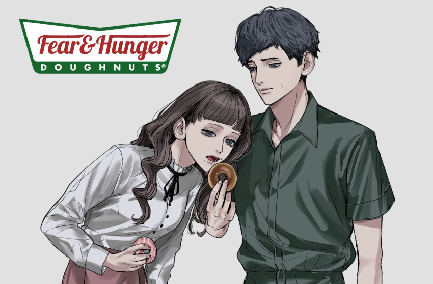 1boy 1girl amikoiiko black_hair black_ribbon brown_hair doughnut fear_&amp;_hunger fear_&amp;_hunger_2:_termina feeding food frilled_shirt_collar frills green_jumpsuit highres holding_doughnut jumpsuit krispy_kreme levi_(fear_&amp;_hunger) long_hair long_sleeves marina_(fear_&amp;_hunger) mouth_piercing pink_skirt ribbon shirt skirt standing upper_body white_shirt