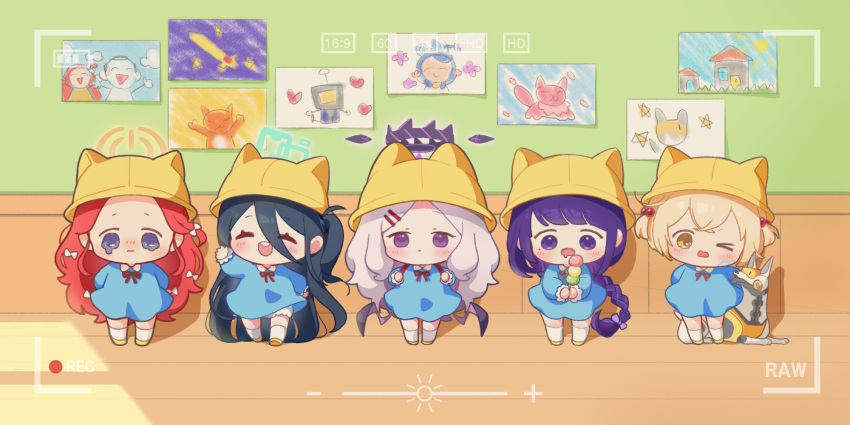 5girls aged_down aris_(blue_archive) black_hair blonde_hair blue_dress blue_halo bow braid braided_ponytail chibi classroom closed_eyes closed_mouth crossover dango dress food genshin_impact goddess_of_victory:_nikke grey_hair hair_bobbles hair_bow hair_ornament halo hat highres hina_(blue_archive) indoors kindergarten_uniform liter_(nikke) long_hair long_sleeves looking_at_viewer low_wings mole mole_under_eye multiple_crossover multiple_girls neck_ribbon no_nose non-humanoid_robot one_eye_closed open_mouth pink_halo purple_eyes purple_hair purple_halo raiden_shogun recording red_hair red_ribbon ribbon robot robot_animal robot_dog sanshoku_dango school_hat socks teeth upper_teeth_only uz_(uzru0428) very_long_hair viewfinder volt_(nikke) wagashi white_bow white_socks wings wooden_floor yellow_eyes yellow_footwear yellow_halo yellow_hat yuzu_(blue_archive)