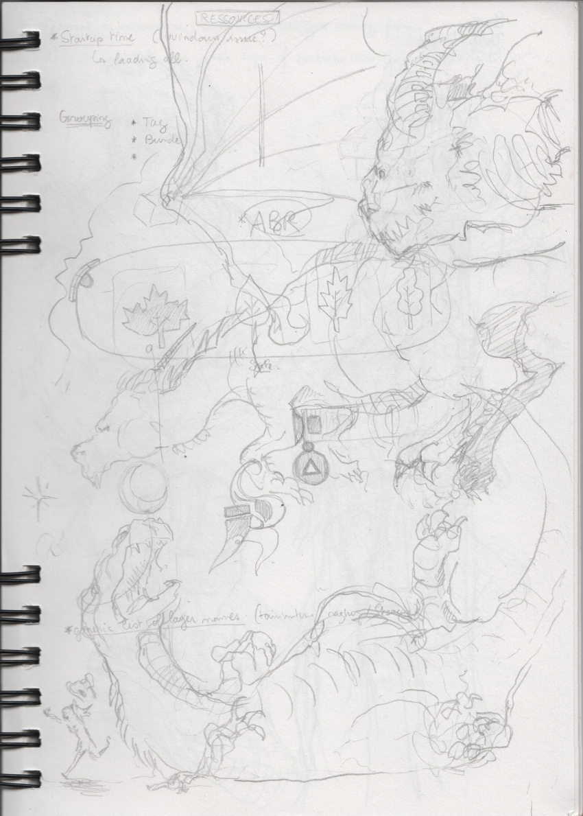 1girl absurdres claws david_revoy dragon english_text flying hat highres horns leaf multiple_persona non-web_source running sketch wings witch_hat yawning