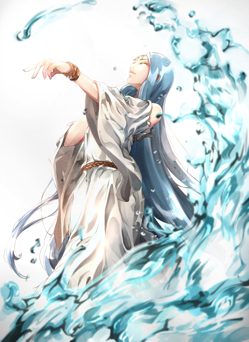absurdres animal_ears blue_hair bracelet cat_ears clothing_cutout dress feet_out_of_frame fingernails flying_witch greek_clothes head_chain highres jewelry long_dress long_hair shoulder_cutout teppu_tora very_long_hair water white_dress wide_sleeves