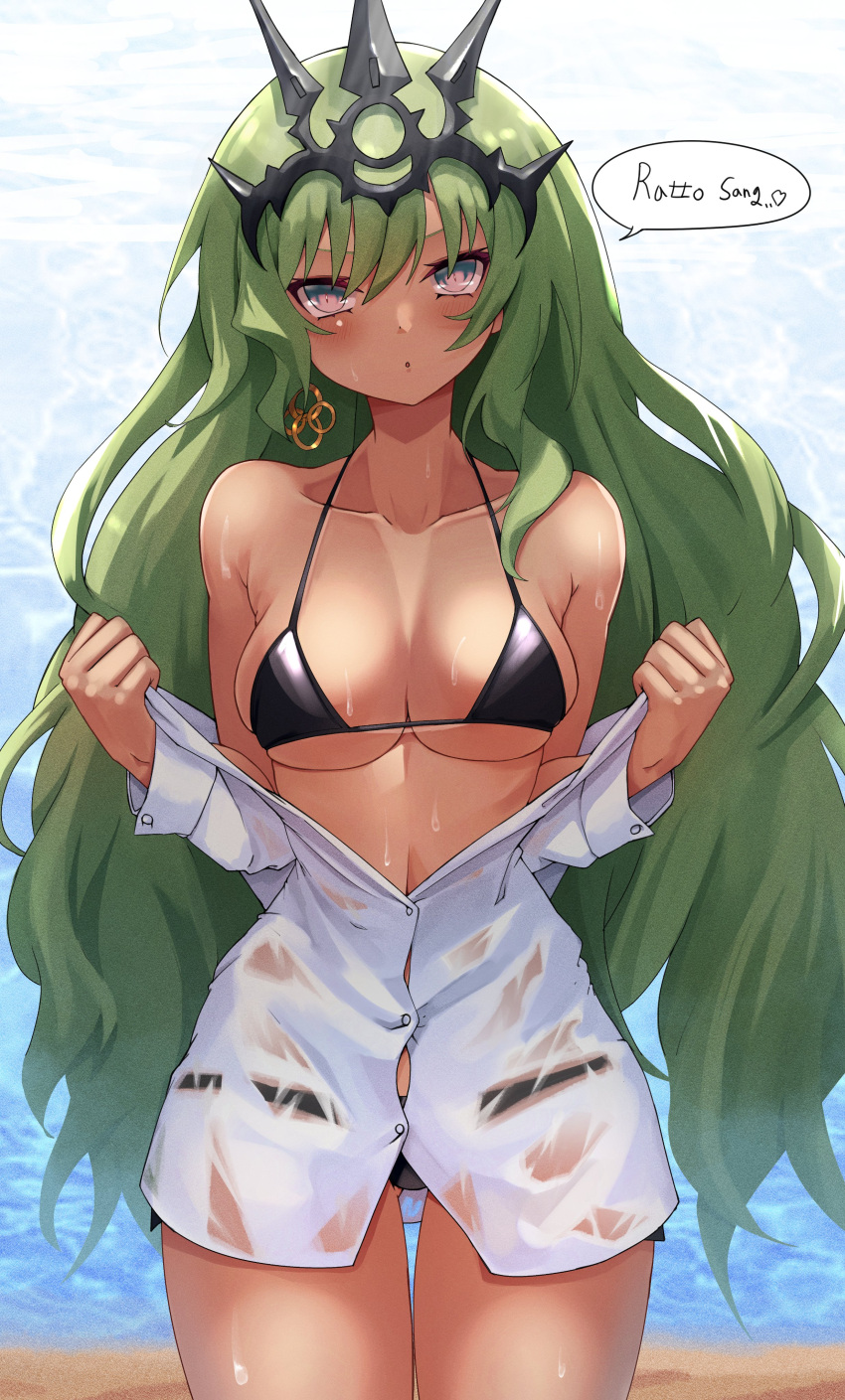 1girl absurdres bare_shoulders beach bikini black_bikini blush breasts cream_bread crown crown_ornament earrings green_hair grey_eyes highres honkai_(series) honkai_impact_3rd jewelry long_hair long_sleeves looking_at_viewer mobius_(honkai_impact) ocean open_mouth panties panties_visible_through_clothes shirt single_earring sky speech_bubble swimsuit two-tone_eyes unbuttoned unbuttoned_shirt underwear upper_body very_long_hair wet wet_clothes wet_shirt white_shirt