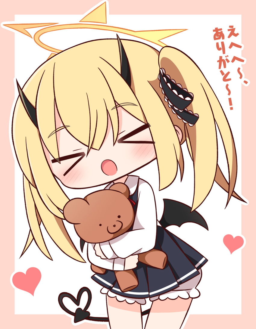 &gt;_&lt; 1girl :o black_bow black_dress black_wings blonde_hair bloomers blue_archive blush border bow brown_border chibi closed_eyes collared_shirt demon_girl demon_horns demon_tail demon_wings dress facing_viewer hair_between_eyes hair_bow halo hana_kazari heart heart_tail highres horns hugging_object ibuki_(blue_archive) leaning_to_the_side neck_ribbon open_mouth outline pinafore_dress pleated_dress red_ribbon ribbon shirt sleeveless sleeveless_dress solo stuffed_animal stuffed_toy tail teddy_bear translation_request twintails white_background white_bloomers white_outline white_shirt wings