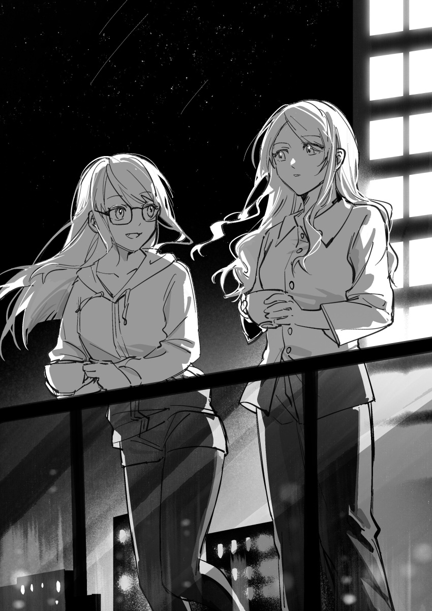2girls absurdres against_railing artist_request bang_dream! bang_dream!_it's_mygo!!!!! building chihaya_anon collared_shirt commentary_request commission cup drawstring fang glasses greyscale highres holding holding_cup hood hoodie long_hair long_sleeves monochrome multiple_girls nagasaki_soyo night open_mouth outdoors pants parted_lips railing second-party_source shirt shorts smile teacup