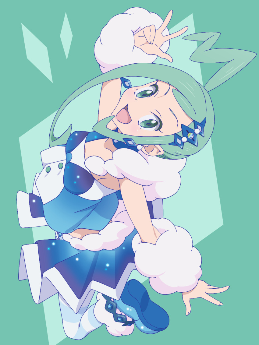 1girl :d arm_up arm_warmers blue_footwear commentary_request earrings eyelashes full_body gensei00 green_background green_eyes green_hair hair_ornament happy highres jewelry lisia_(pokemon) open_mouth overskirt pokemon pokemon_oras shoes sidelocks smile solo tongue vest w