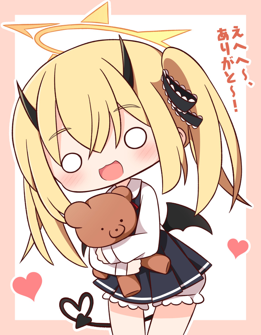 1girl :d black_bow black_dress black_wings blonde_hair bloomers blue_archive blush border bow brown_border chibi collared_shirt demon_girl demon_horns demon_tail demon_wings dress hair_between_eyes hair_bow halo hana_kazari heart heart_tail highres horns hugging_object ibuki_(blue_archive) leaning_to_the_side looking_at_viewer neck_ribbon o_o outline pinafore_dress pleated_dress red_ribbon ribbon shirt sleeveless sleeveless_dress smile solo stuffed_animal stuffed_toy tail teddy_bear translation_request twintails white_background white_bloomers white_outline white_shirt wings