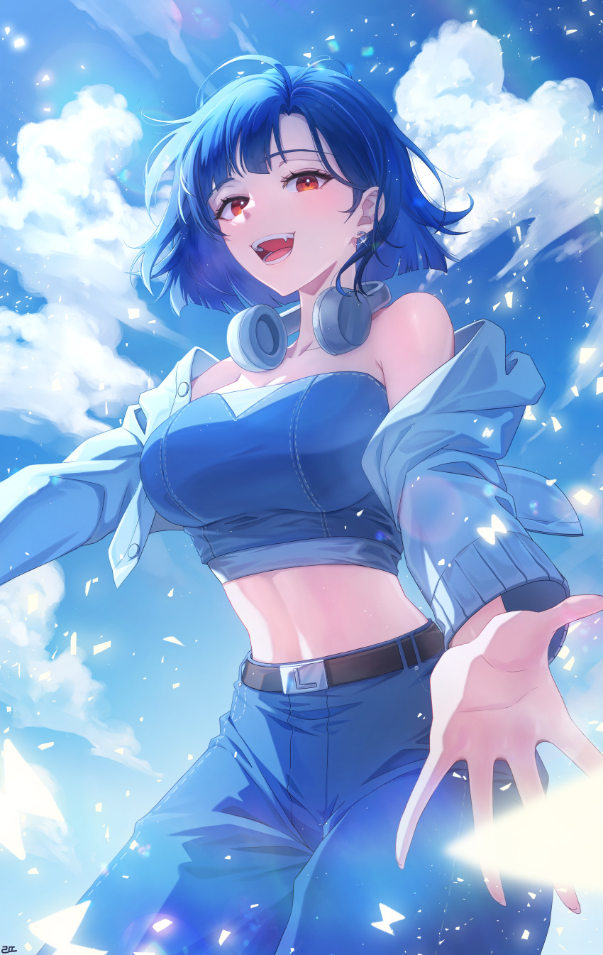 1girl absurdres bare_shoulders belt black_belt blue_hair blue_jacket blue_pants blue_sky blue_tube_top breasts cloud earrings fangs headphones headphones_around_neck highres jacket jewelry large_breasts lilpa looking_at_viewer midriff off_shoulder official_alternate_costume open_clothes open_jacket open_mouth orange_eyes outstretched_arms pants rething short_hair sky smile solo sparkle strapless tube_top waktaverse wind