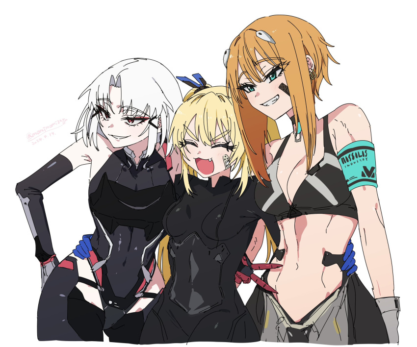 3girls :3 aqua_armband armband armored_gloves armpit_crease bandaid bandaid_on_cheek bandaid_on_face bare_shoulders black_bodysuit black_choker black_gloves black_leotard black_sports_bra black_thighhighs blonde_hair blue_eyes bodysuit breasts choker cleavage closed_eyes collarbone commentary_request cowboy_shot drake_(nikke) ear_piercing earrings elbow_gloves fang gloves goddess_of_victory:_nikke grey_gloves grin hair_between_eyes hair_ornament hairclip hand_on_another's_hip headgear highleg highleg_leotard highres jewelry laplace_(nikke) leotard long_hair matis_(nikke) maxwell_(mechanic_white)_(nikke) maxwell_(nikke) medium_breasts midriff multiple_girls multiple_piercings navel nikumanman open_mouth parted_bangs parted_lips piercing red_eyes short_hair short_hair_with_long_locks sidelocks simple_background small_breasts smile sports_bra standing teeth thighhighs twintails twitter_username two-tone_gloves v white_background white_hair