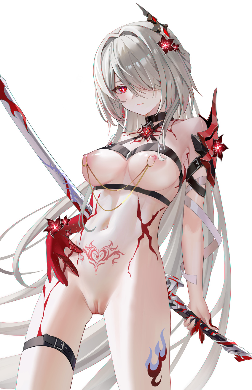 1girl absurdres acheron_(honkai:_star_rail) bare_shoulders black_choker blhazx breasts chest_belt chinese_commentary choker cleavage commentary_request cowboy_shot flower grey_hair hair_flower hair_intakes hair_ornament hair_over_one_eye halterneck highres holding holding_sword holding_weapon honkai:_star_rail honkai_(series) large_breasts leg_tattoo long_hair looking_at_viewer navel nude official_alternate_color pubic_tattoo red_eyes red_flower scabbard sheath sheathed simple_background solo standing stomach sword tattoo thigh_strap thighs very_long_hair weapon white_background