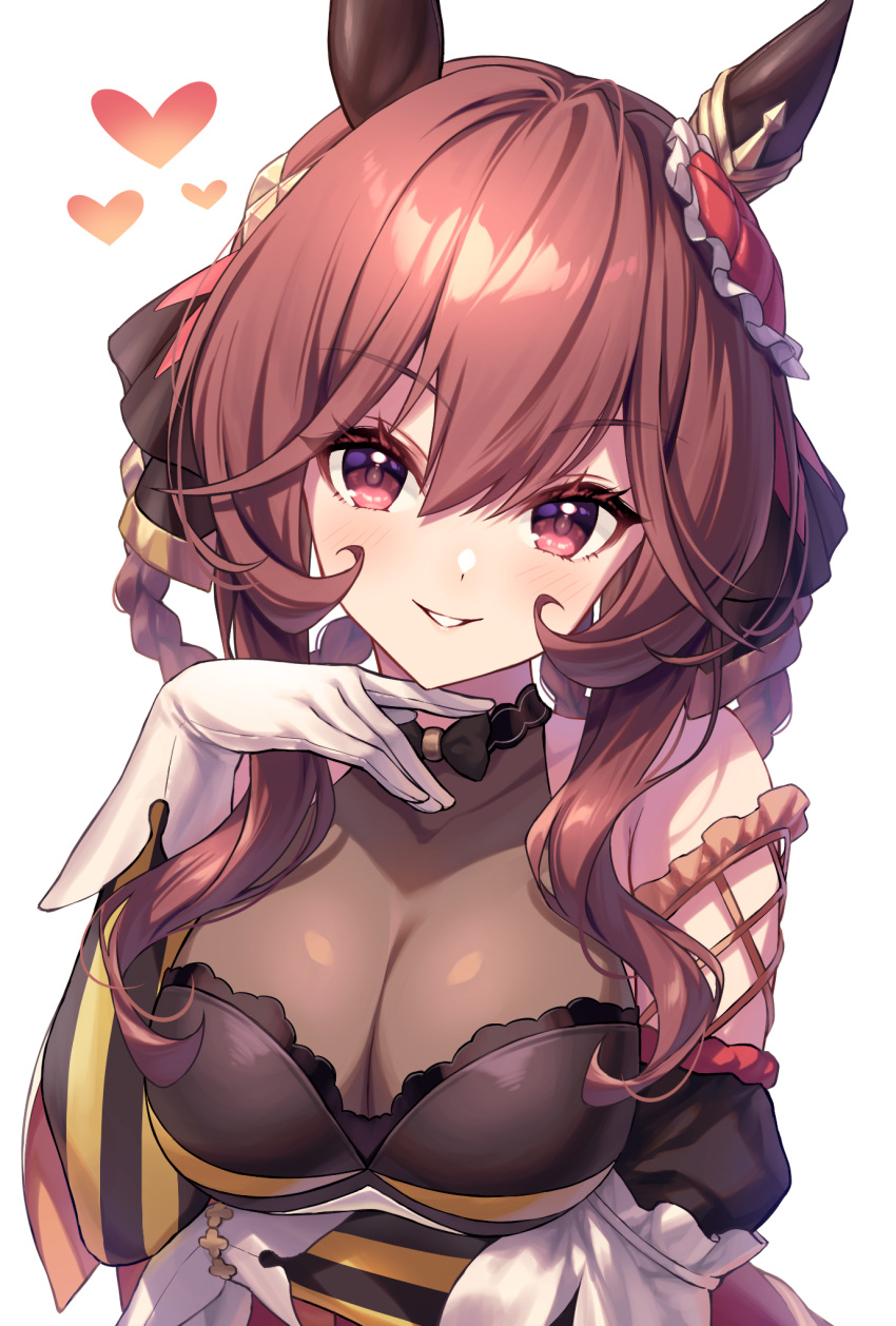 1girl animal_ears arm_under_breasts bare_shoulders braided_hair_rings breasts brown_hair cleavage collarbone commentary ear_ornament gentildonna_(umamusume) gloves hair_between_eyes heart highres horse_ears horse_girl large_breasts light_blush looking_at_viewer parted_lips red_eyes see-through see-through_cleavage sidelocks simple_background smile solo standing tomo_(tmtm_mf_mf) umamusume upper_body wavy_hair white_background white_gloves
