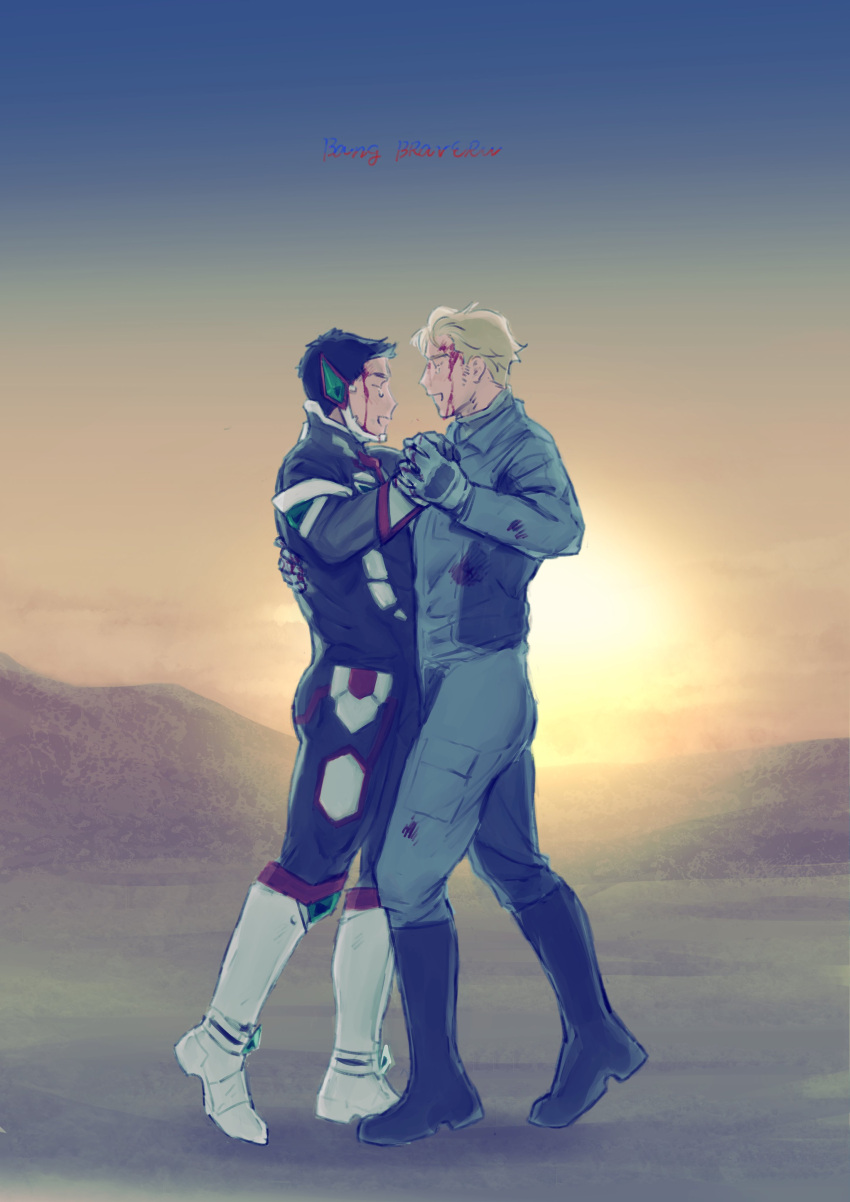 2boys absurdres ao_isami black_bodysuit black_hair blonde_hair blood blood_on_face blurry bodysuit couple dancing depth_of_field facial_hair full_body happy happy_tears highres holding_hands lewis_smith male_focus multiple_boys mumi2134 sideburns_stubble smile stubble sunset tears thick_eyebrows yaoi yuuki_bakuhatsu_bang_bravern