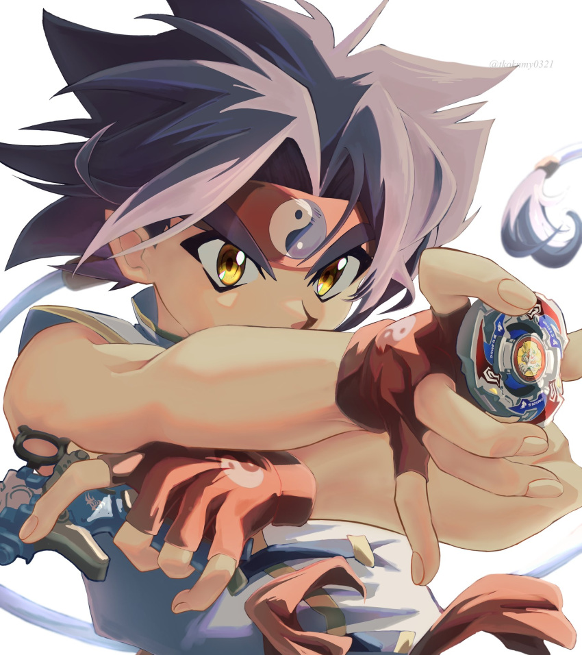 1boy bakuten_shoot_beyblade beyblade beyblade_(object) black_hair brown_eyes chinese_clothes fingerless_gloves gloves headband highres holding kon_rei long_hair print_gloves print_headband red_gloves red_headband red_sash sash shirt simple_background sleeveless sleeveless_shirt solo spiked_hair tkoknmy0321 white_background white_shirt yin_yang yin_yang_print