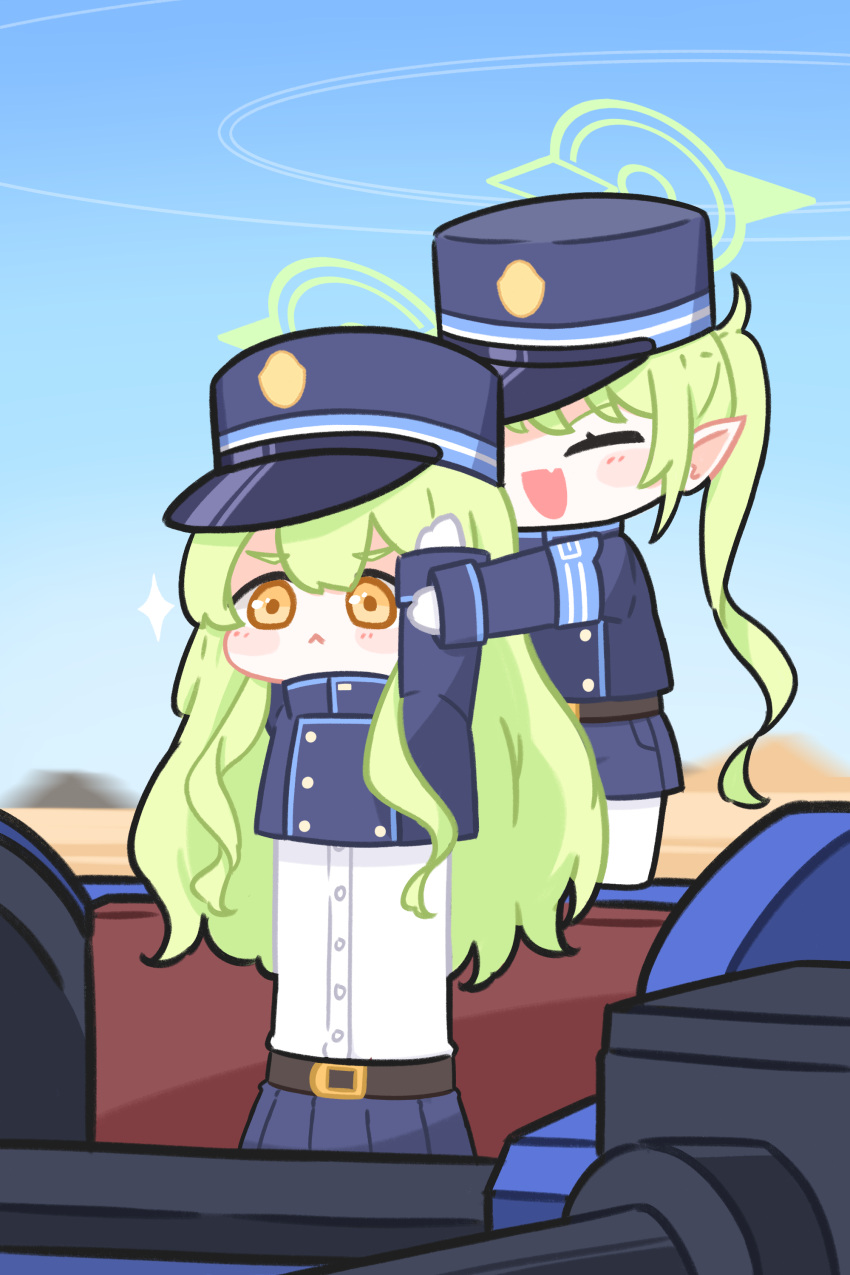 absurdres armband black_tail blue_archive blue_armband carrying carrying_person emfldzm159 gloves green_hair green_halo halo hat highres hikari_(blue_archive) lifting_person long_hair longcat_(meme) meme nozomi_(blue_archive) peaked_cap pointy_ears train_conductor twintails white_gloves