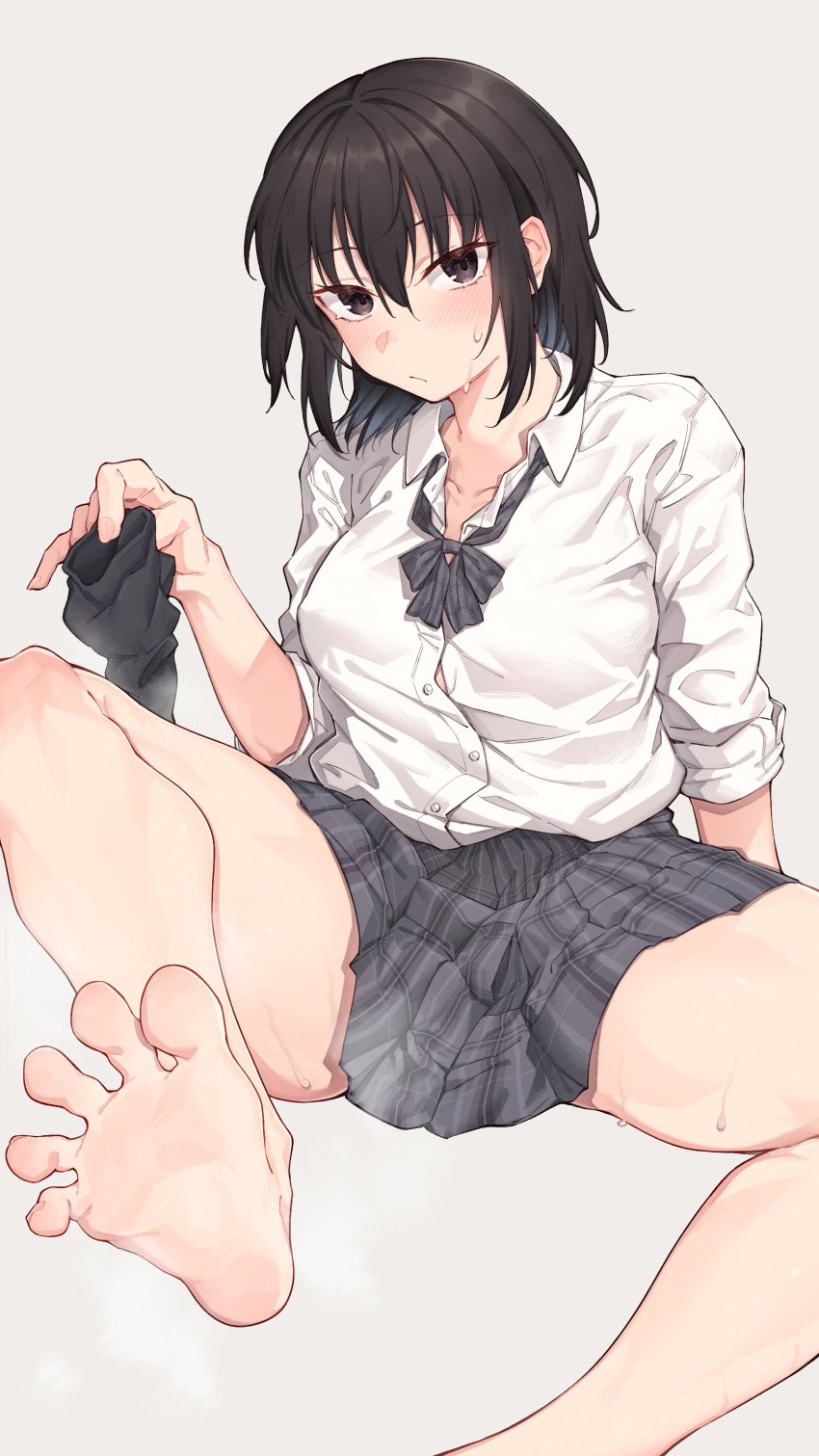 1girl absurdres bare_legs barefoot batatata77 black_hair black_socks blush bow bowtie breasts closed_mouth collarbone collared_shirt feet foot_focus foot_out_of_frame foot_up grey_background grey_bow grey_bowtie grey_eyes grey_skirt hair_between_eyes hand_up highres holding holding_sock large_breasts legs looking_at_viewer medium_hair original plaid plaid_skirt pleated_skirt school_uniform shirt simple_background sitting skirt smell socks soles solo spread_toes sweatdrop thighs toenails toes unworn_socks