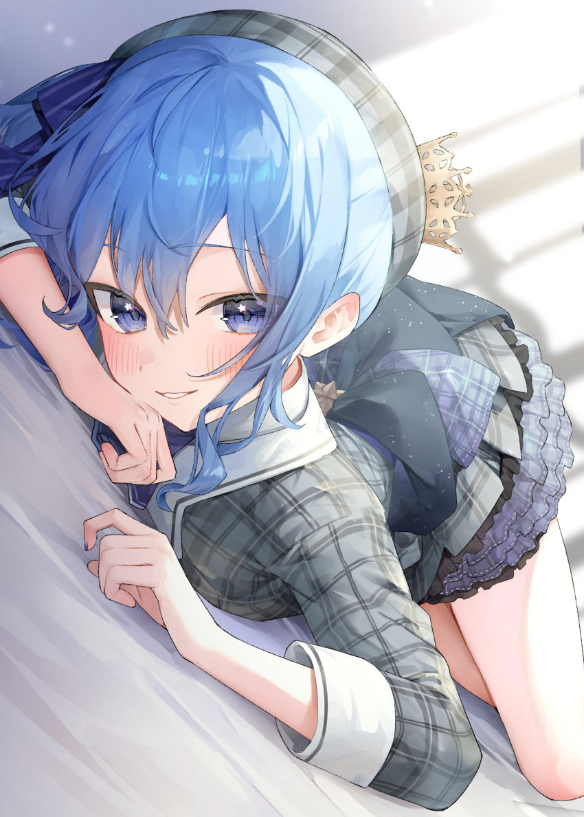 1girl absurdres beret blue_eyes blue_hair blurry blurry_background blush crown_hair_ornament frilled_skirt frills grey_jacket hashtag-only_commentary hat highres hololive hoshimachi_suisei hoshimachi_suisei_(1st_costume) izumi_kei jacket light_blue_hair looking_at_viewer lying on_stomach plaid plaid_headwear plaid_jacket plaid_skirt side_ponytail skirt sleeves_past_elbows smile solo star_(symbol) star_in_eye symbol_in_eye virtual_youtuber