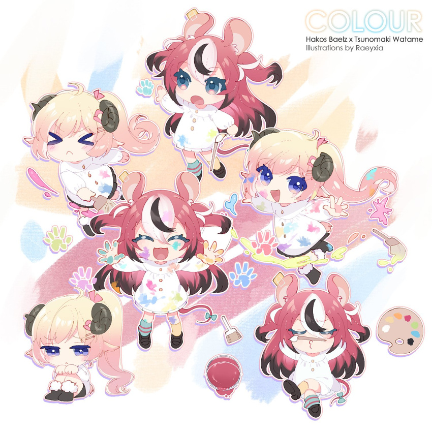 &gt;_&lt; 2girls :d aged_down airplane_arms alternate_hairstyle animal_ears black_hair blonde_hair blue_eyes blush chibi chibi_only closed_eyes colored_tips hakos_baelz highres hololive horns kindergarten_uniform long_hair mouse_ears mouse_girl mouse_tail multicolored_hair multiple_girls multiple_views namiey open_mouth outstretched_arms paint_on_clothes paint_splatter paintbrush palette_(object) purple_eyes red_hair sailor_collar sheep_ears sheep_girl sheep_horns sheep_tail side_ponytail smile smock spread_arms streaked_hair tail tsunomaki_watame two_side_up very_long_hair virtual_youtuber white_hair