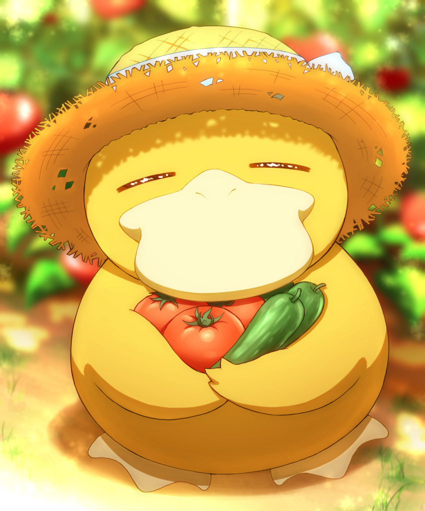 blurry blurry_background closed_eyes cucumber food happy hat hat_ribbon highres holding holding_food holding_vegetable monaka_(hc_pkmn) no_humans pokemon pokemon_(creature) psyduck ribbon straw_hat tomato vegetable white_ribbon