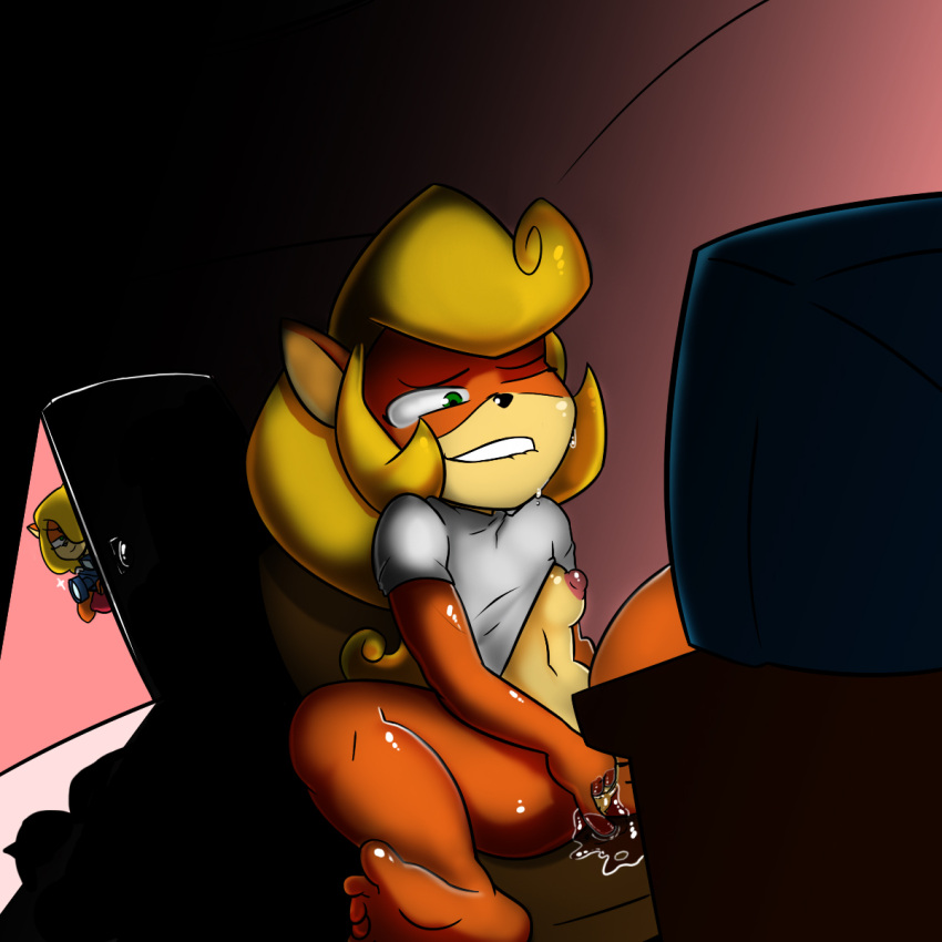 activision anthro bandicoot bangs being_watched bodily_fluids camera coco_bandicoot colored crash_bandicoot_(series) female fingering genital_fluids genitals hi_res looking_at_another mammal manwithporns marsupial masturbation nipples nude oddrich pussy spread_legs spreading sweat tawna_bandicoot third-party_edit vaginal_fluids watching_tv