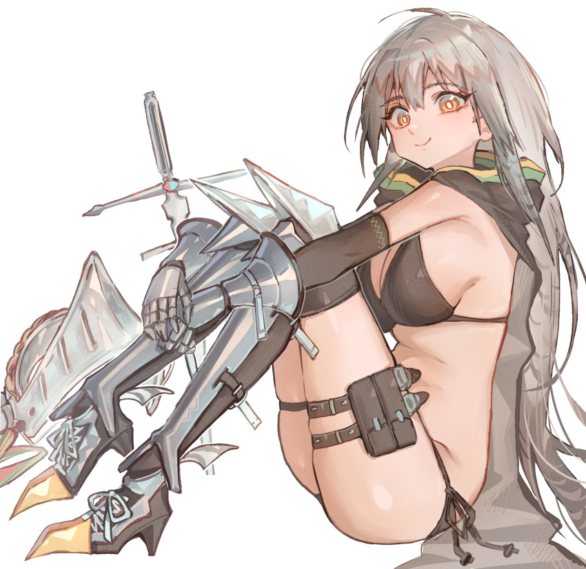 1girl absurdres arknights armor armored_boots bikini bikini_armor boots breasts bright_pupils cape commentary_request fartooth_(arknights) from_side full_body gauntlets grey_hair highres hugging_own_legs kaguura_(kagu) leg_armor legband long_hair looking_at_viewer planted planted_sword revision side-tie_bikini_bottom simple_background sitting skindentation smile solo swimsuit sword thigh_boots unworn_headwear weapon white_background white_pupils yellow_eyes