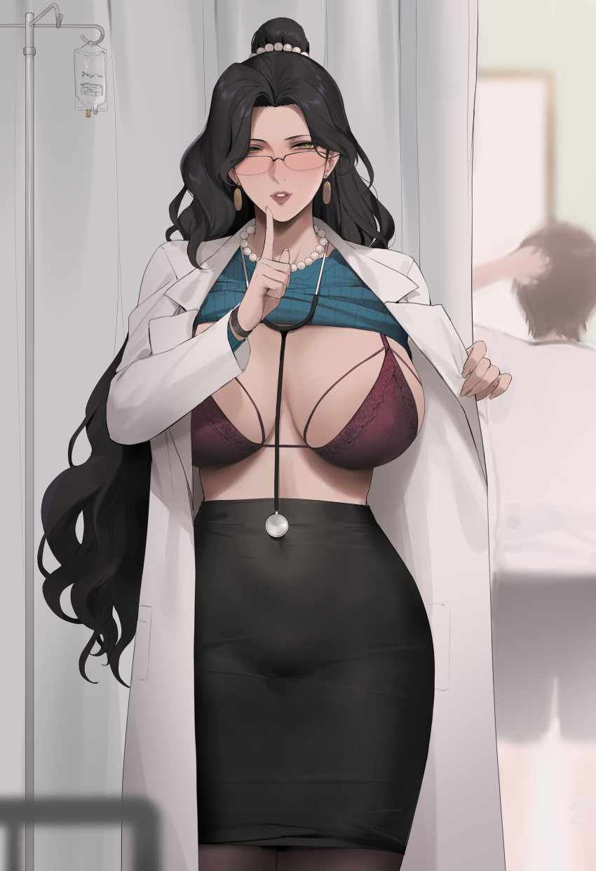 1girl absurdres alios_arvin black_hair black_pantyhose black_skirt blush bra breasts chinese_commentary clothes_lift coat commentary_request cowboy_shot doctor earrings glasses green_shirt hair_bun hair_ornament half-closed_eyes hand_up high-waist_skirt highres index_finger_raised indoors iv_stand jewelry lab_coat large_breasts long_hair long_sleeves looking_at_viewer mature_female necklace open_clothes open_coat opened_by_self original over-rim_eyewear pantyhose parted_lips pearl_hair_ornament pearl_necklace pencil_skirt red_bra ribbed_shirt semi-rimless_eyewear shirt shirt_lift skirt solo_focus standing stethoscope straight-on teeth underwear very_long_hair watch wavy_hair white_coat wristwatch