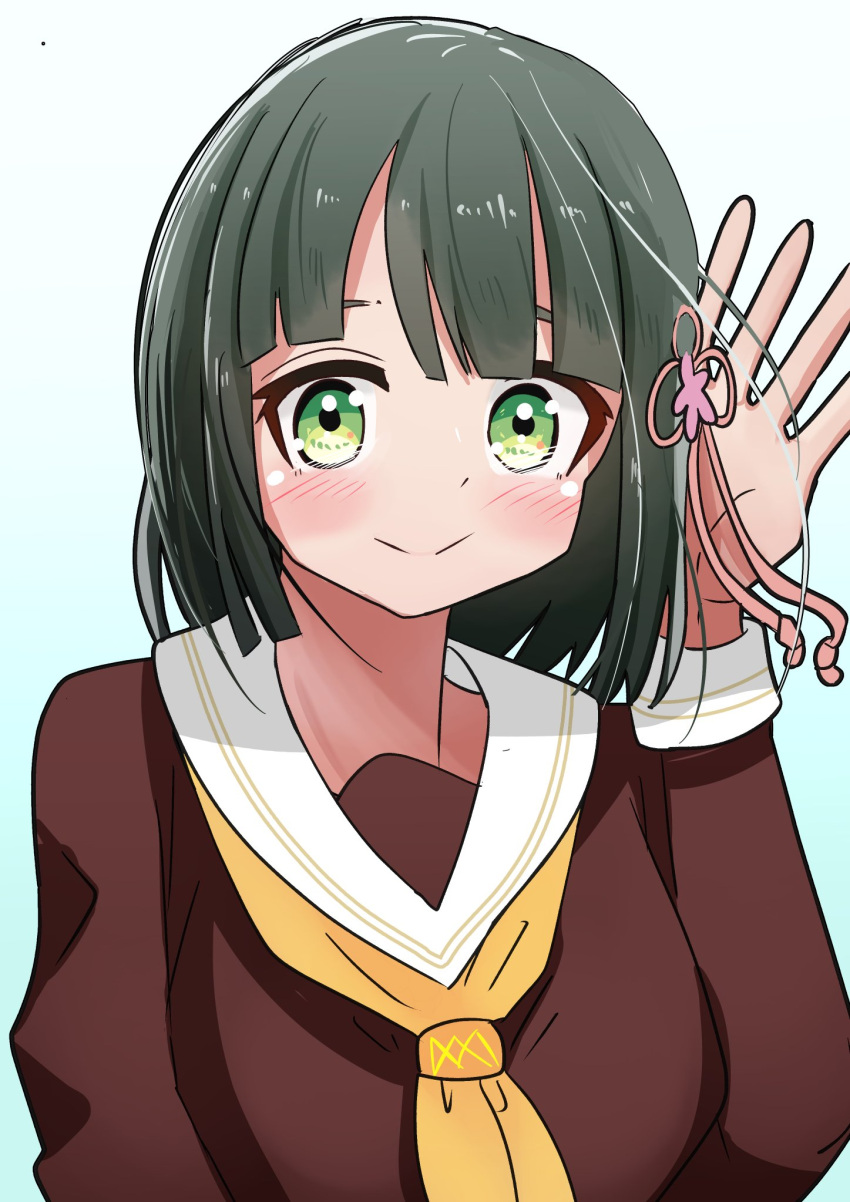 1girl blue_background blunt_bangs blush brown_dress dress flower gradient_background green_eyes green_hair hair_flower hair_ornament hand_up hasu_no_sora_school_uniform highres link!_like!_love_live! long_sleeves looking_at_viewer love_live! momose_ginko neckerchief noseru one-hour_drawing_challenge open_hand pink_flower sailor_collar sailor_dress school_uniform solo two-tone_background upper_body virtual_youtuber white_background white_sailor_collar winter_uniform yellow_neckerchief