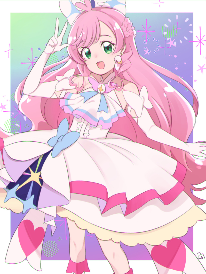 1girl ascot bow braid brooch center_frills cure_prism dress earrings elbow_gloves french_braid frills gloves green_eyes hair_bow highres hirogaru_sky!_precure jewelry kneehighs layered_dress long_hair looking_at_viewer magical_girl medium_dress nijigaoka_mashiro open_mouth pink_hair precure side_braids sleeveless sleeveless_dress smile socks solo standing toon_(noin) very_long_hair w white_ascot white_bow white_dress white_gloves wing_brooch