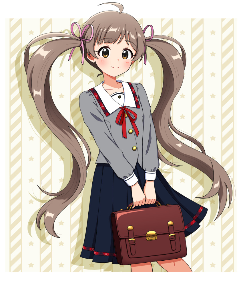 1girl ahoge bag black_skirt blush brown_eyes brown_hair buttons closed_mouth collar collarbone cowboy_shot dot_nose eyelashes grey_serafuku grey_shirt hair_ribbon hakozaki_serika hanyu_(17602828) highres holding holding_bag idolmaster idolmaster_million_live! idolmaster_million_live!_theater_days junior_high_schoolmate_(idolmaster) light_smile lone_nape_hair long_hair long_sleeves looking_at_viewer neck_ribbon official_alternate_costume parted_bangs pink_ribbon plaid_collar pleated_skirt red_ribbon ribbon school_bag school_uniform serafuku shirt sidelocks simple_background skirt solo standing starry_background twintails very_long_hair wavy_hair white_collar