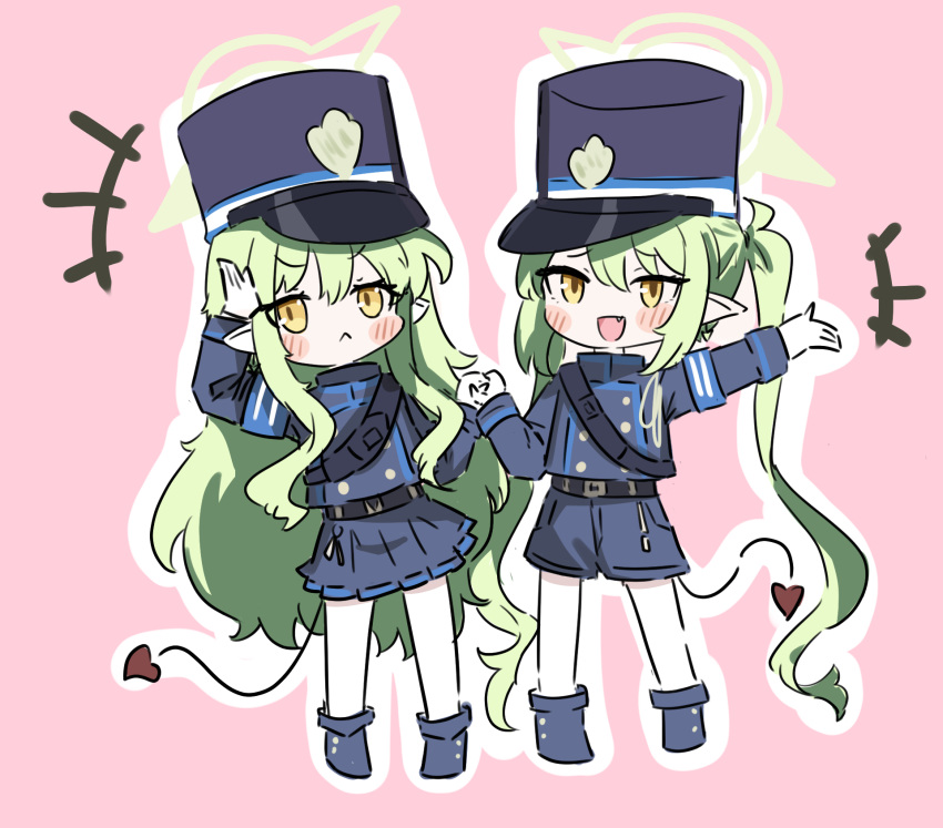 +++ 2girls :&lt; :d arm_up armband belt black_belt blue_archive blue_armband blue_footwear blue_hat blue_jacket blue_shorts blue_skirt blush blush_stickers boots chibi closed_mouth commentary_request demon_tail e_v_e_neko fang frown gloves green_hair hair_between_eyes halo hand_up hat highres hikari_(blue_archive) holding_hands jacket long_hair long_sleeves looking_at_viewer multiple_girls nozomi_(blue_archive) open_mouth outline pantyhose peaked_cap pink_background pleated_skirt pointy_ears raised_eyebrows shorts sidelocks simple_background skirt smile tail twintails uniform v-shaped_eyebrows very_long_hair wavy_hair white_gloves white_outline white_pantyhose yellow_eyes