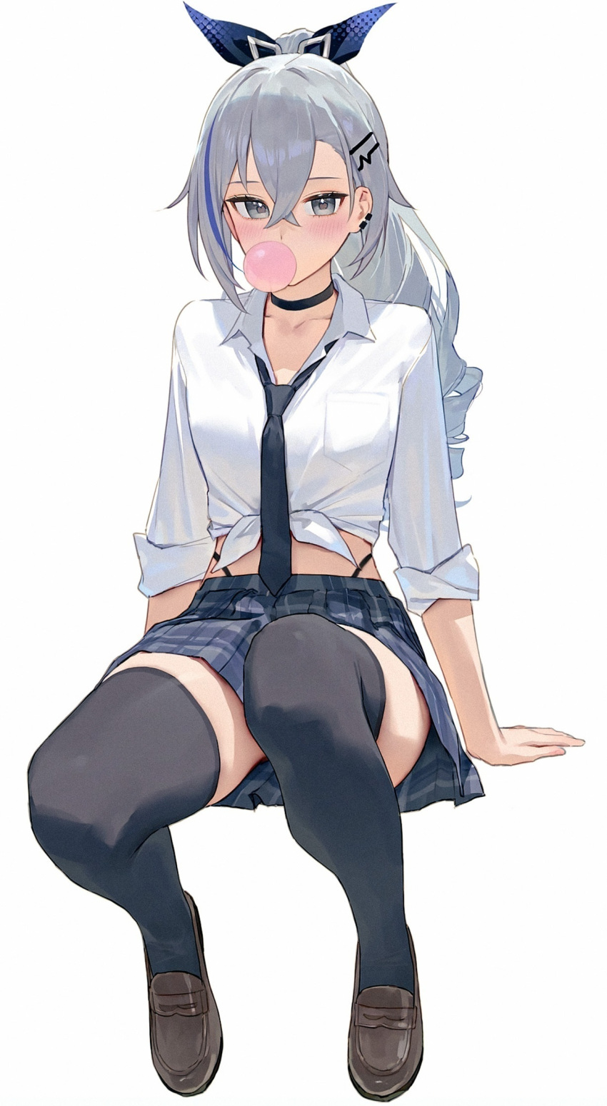 1girl ai-assisted amiki_2 black_necktie black_socks blue_ribbon blue_skirt brown_footwear chewing_gum drill_hair earrings hair_ornament hair_ribbon hairclip highres honkai:_star_rail honkai_(series) jewelry long_hair midriff necktie ponytail ribbon shirt silver_wolf_(honkai:_star_rail) sitting skirt sleeves_rolled_up socks thighs tied_shirt white_shirt