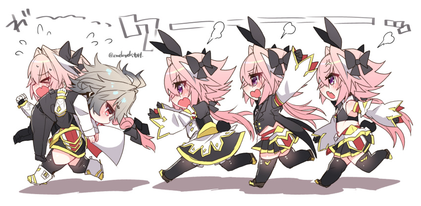 &gt;_&lt; 5boys anger_vein angry animal_ears antenna_hair armored_skirt arms_up astolfo_(fate) astolfo_(saber)_(fate) astolfo_(saber)_(third_ascension)_(fate) bare_shoulders black_bow black_bowtie black_gloves black_pants black_shirt black_thighhighs black_vest blush bow bowtie braid cape carrying carrying_over_shoulder carrying_person chasing deformed detached_sleeves dress fake_animal_ears fang fate/apocrypha fate/grand_order fate_(series) flying_sweatdrops gauntlets gloves gold_trim grey_hair hair_bow hair_intakes haoro head_steam long_braid long_hair mary_janes midriff multicolored_hair multiple_boys multiple_persona navel open_mouth otoko_no_ko pants pink_eyes pink_hair pleated_skirt purple_eyes rabbit_ears reaching reaching_towards_another red_eyes running shirt shoes short_eyebrows short_hair sieg_(fate) signature simple_background single_braid skin_fang skirt streaked_hair thighhighs twintails two-tone_hair very_long_hair vest waistcoat white_background white_cape white_footwear white_hair wide_sleeves