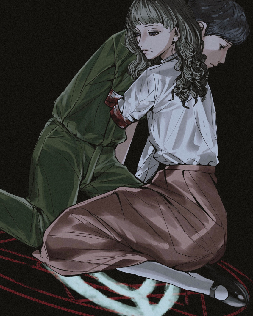1boy 1girl amikoiiko amputee black_background black_hair blood blood_on_arm brown_hair commentary fear_&amp;_hunger fear_&amp;_hunger_2:_termina frilled_shirt_collar frills full_body green_jumpsuit head_on_another's_shoulder highres jumpsuit levi_(fear_&amp;_hunger) long_hair long_skirt long_sleeves looking_to_the_side marina_(fear_&amp;_hunger) mary_janes mouth_piercing pink_skirt shirt shoes simple_background sitting skirt socks white_shirt