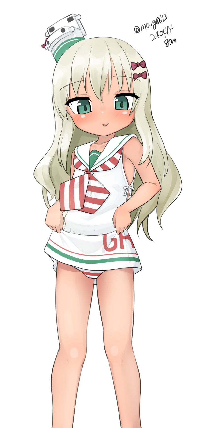 1girl absurdres blonde_hair bow clothes_lift dated dress dress_lift feet_out_of_frame grecale_(kancolle) green_eyes hair_bow highres kantai_collection long_hair looking_at_viewer low-cut_armhole maru_(marg0613) neckerchief one-hour_drawing_challenge panties sailor_collar sailor_dress side-tie_dress sleeveless sleeveless_dress solo striped_clothes striped_neckerchief striped_panties tan twitter_username underwear wavy_hair white_dress white_sailor_collar