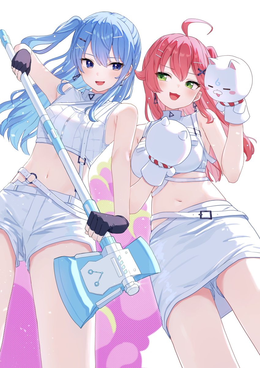 2girls 35p_(sakura_miko) :3 :d absurdres ahoge alternate_costume alternate_hairstyle armpits axe belt black_gloves blue_eyes blue_hair blush breasts chest_harness commentary crop_top double-parted_bangs earrings fingerless_gloves from_below gloves green_eyes hair_between_eyes hair_ornament hairclip hand_puppet hand_up harness highres holding holding_axe hololive hoshimachi_suisei jewelry knees_out_of_frame large_breasts long_hair looking_at_another looking_to_the_side mei_am0 midriff miniskirt multiple_girls navel o-ring o-ring_belt one_side_up open_mouth pink_hair puppet sakura_miko shirt shorts shorts_under_skirt skirt sleeveless sleeveless_shirt small_breasts smile smug sparkle standing star_(symbol) star_in_eye stomach symbol_in_eye teeth tongue virtual_youtuber white_belt white_shirt white_shorts white_skirt x_hair_ornament