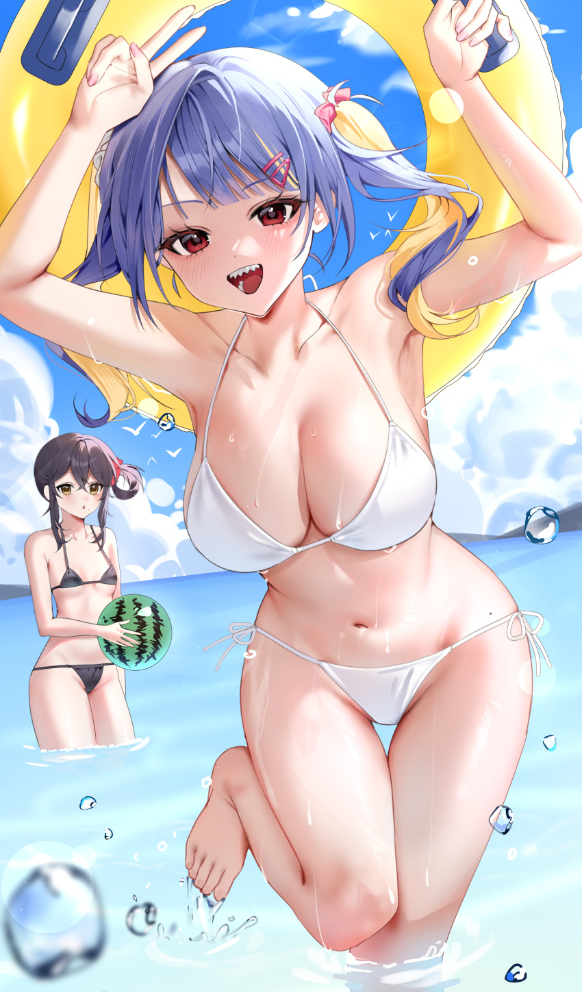 2girls absurdres arms_up ball bare_arms bare_shoulders beachball bikini bird black_bikini black_hair blonde_hair blue_hair blue_sky blush breasts bubble cloud cloudy_sky commentary_request day educk feet floating_hair hair_ornament hairclip halterneck highres holding holding_ball holding_beachball innertube large_breasts long_hair looking_at_viewer multicolored_hair multiple_girls navel ocean open_mouth original outdoors red_eyes sharp_teeth side-tie_bikini_bottom simple_bird sky smile solo_focus standing standing_on_one_leg stomach string_bikini swim_ring swimsuit teeth thigh_gap toes two-tone_hair two_side_up v wading water white_bird