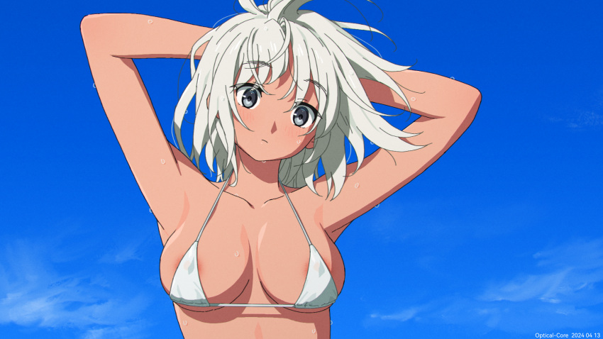 1girl arm_up bare_shoulders bikini bra breasts collarbone covered_nipples dark_skin grey_eyes highres micro_bikini non-web_source opticalcore revision self-upload sweat swimsuit underwear white_bra white_hair