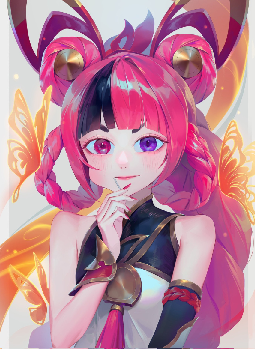 1girl bare_shoulders black_hair blush braid bug butterfly character_request double_bun hair_bun hand_up heterochromia highres league_of_legends long_hair multicolored_hair pink_eyes pink_hair pink_nails purple_eyes shiny_clothes smile solo syami_(choiimi) twin_braids twintails two-tone_hair upper_body zoe_(league_of_legends)