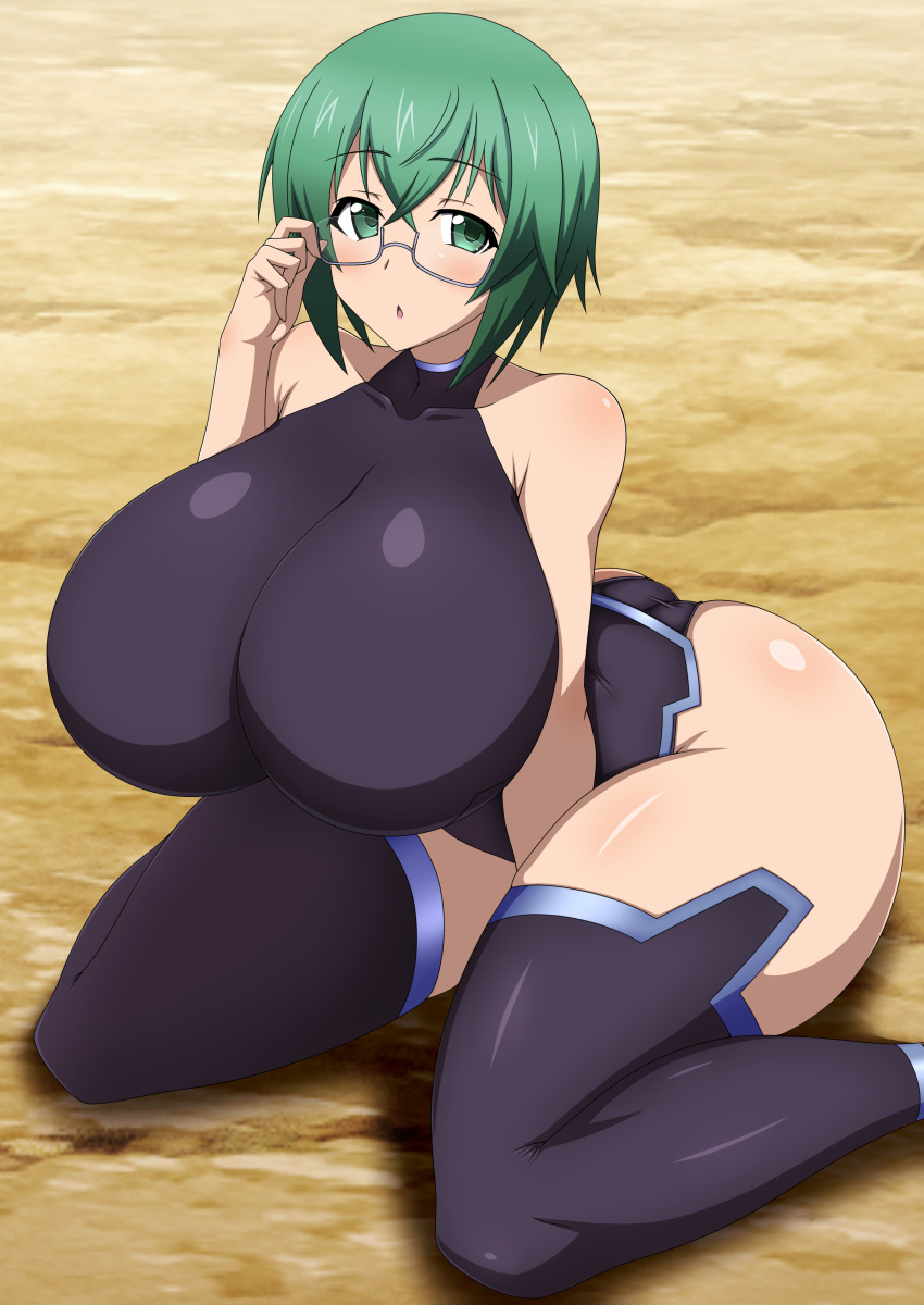 1girl absurdres ass bare_shoulders between_legs black_leotard blush breasts glasses green_eyes green_hair hand_between_legs highres huge_breasts impossible_clothes impossible_leotard infinite_stratos leotard looking_at_viewer semi-rimless_eyewear shiny_skin short_hair sitting skin_tight solo space_gorilla thighhighs thighs under-rim_eyewear wariza yamada_maya_(infinite_stratos)