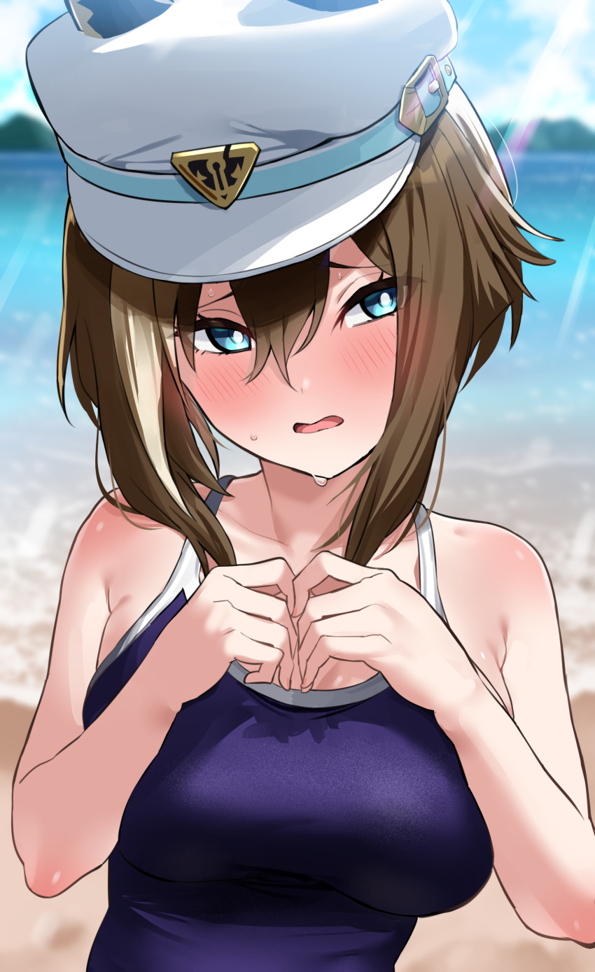 1girl absurdres animal_ears bare_shoulders blue_eyes blue_one-piece_swimsuit blue_sky blush breasts brown_hair cheval_grand_(umamusume) commentary_request ear_covers hair_between_eyes hat highres horse_ears horse_girl lens_flare medium_breasts multicolored_hair ocean one-piece_swimsuit open_mouth outdoors peaked_cap sky solo streaked_hair sweat swimsuit totoki86 tracen_swimsuit umamusume upper_body white_hair white_hat